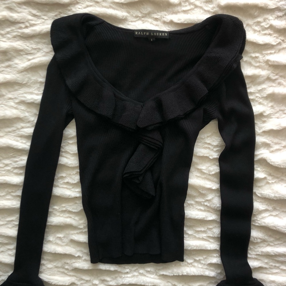 Ralph Lauren Black Ribbed sweater with Ruffled center and cuffs!